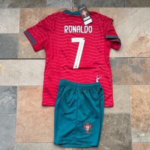 Kids Portugal Soccer Kit - Red Jersey with Teal Shorts